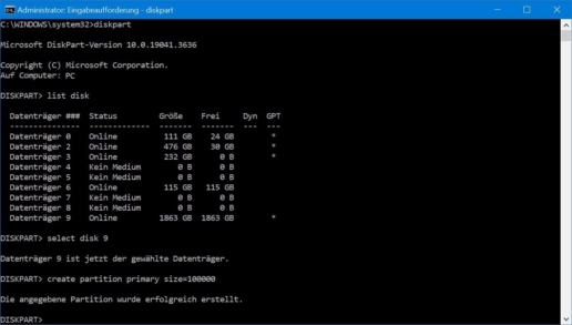 Festplatte partitionieren Eingabeaufforderung Screenshot 5