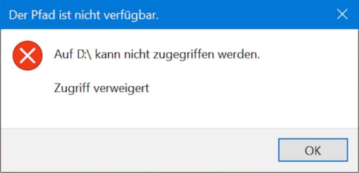 Screenshot Fehlermeldung Pfad ist nicht verfügbar